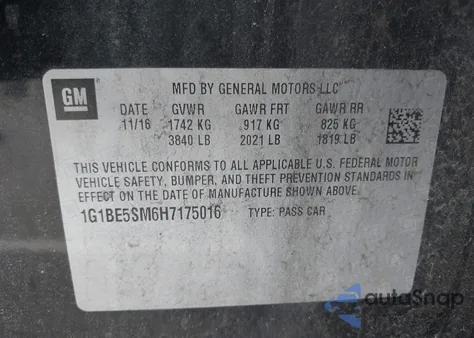 2017 Chevrolet Cruze Lt Auto z USA, uszkodzony, nr VIN 1G1BE5SM6H7175016